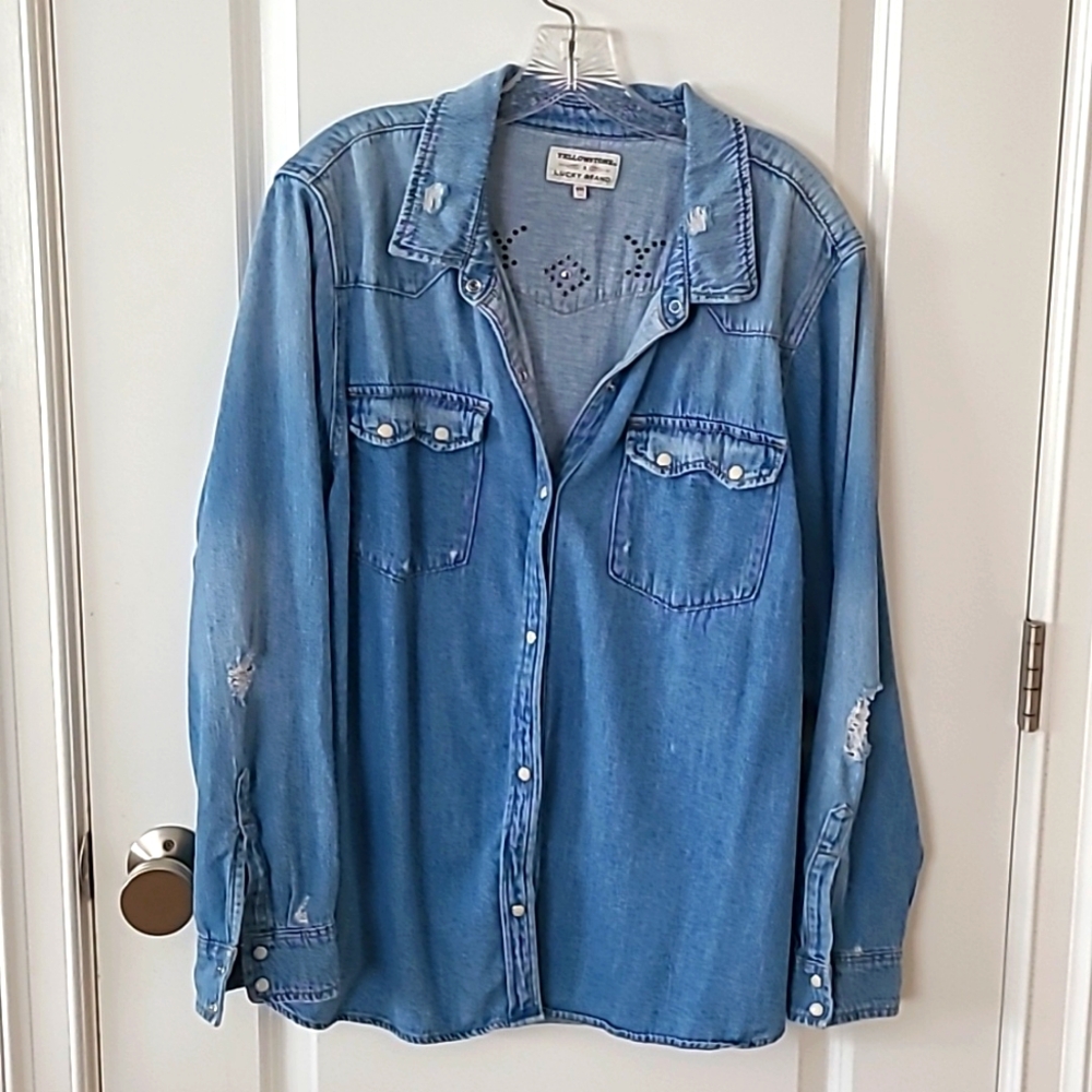 LUCKY BRAND YELLOWSTONE EMBROIDERED DENIM SHIRT, XXL